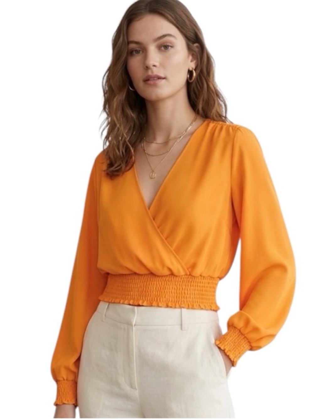 NEW Wilfred Reign Smocked Blouse Surplice Top Long Sleeve Flowy Tuscan Sun